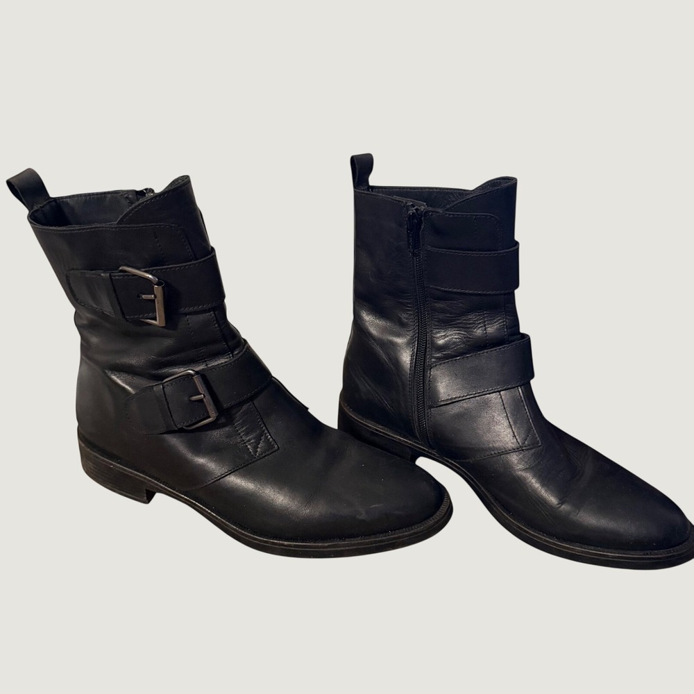 Emanuele Crasto Moto Boots 41 Double Buckle Leather Side Zip Black Italy